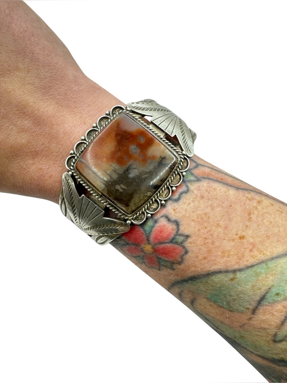 Vintage 1940s Navajo Fred Harvey Era Heavy Sterling Silver Petrified Wood Cuff - Picture 4 of 10